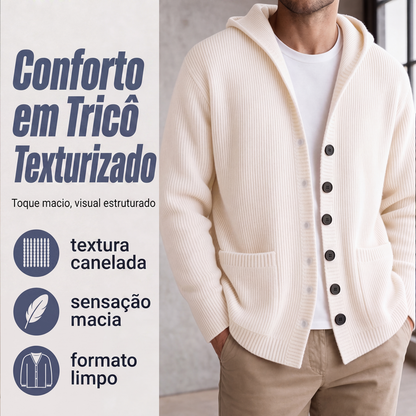Casaco de Tricô com Capuz para Homem, Casaco de Malha Solto Casual com Botões