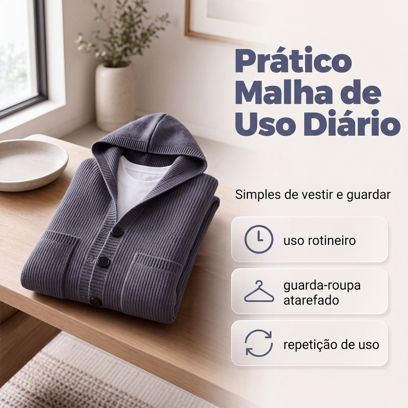 Casaco de Tricô com Capuz para Homem, Casaco de Malha Solto Casual com Botões