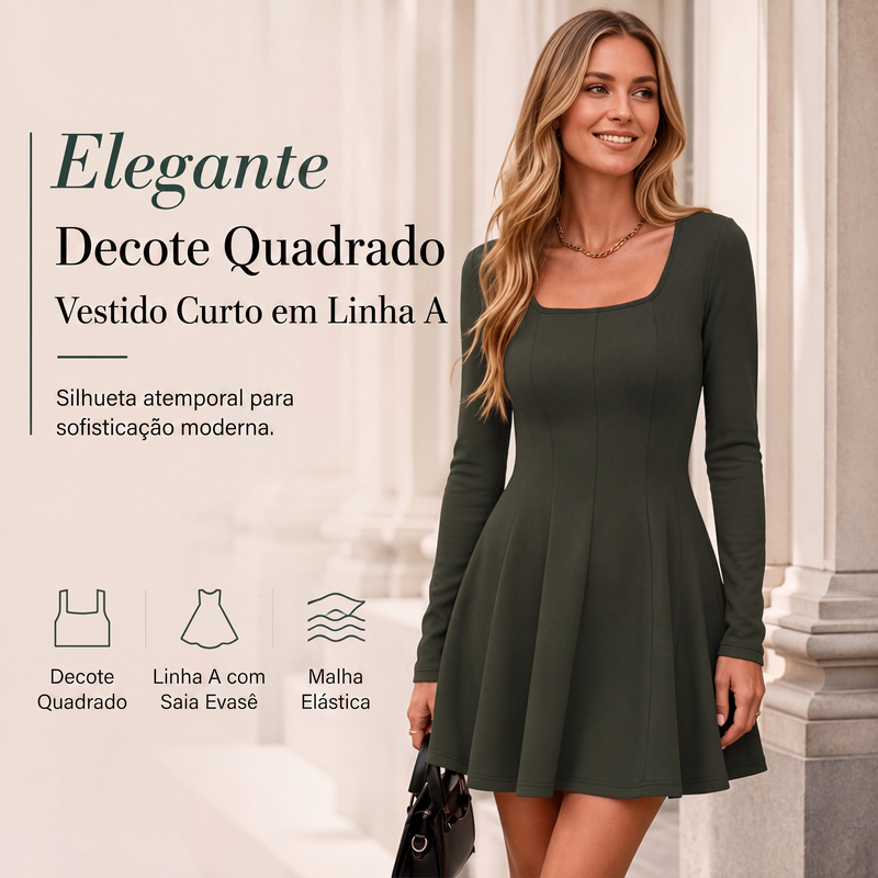 ✨👗Vestido curto de manga comprida com decote quadrado para mulher