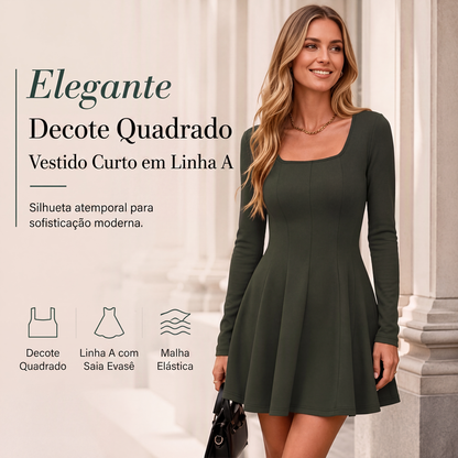 ✨👗Vestido curto de manga comprida com decote quadrado para mulher
