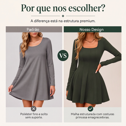 ✨👗Vestido curto de manga comprida com decote quadrado para mulher