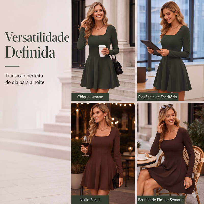 ✨👗Vestido curto de manga comprida com decote quadrado para mulher