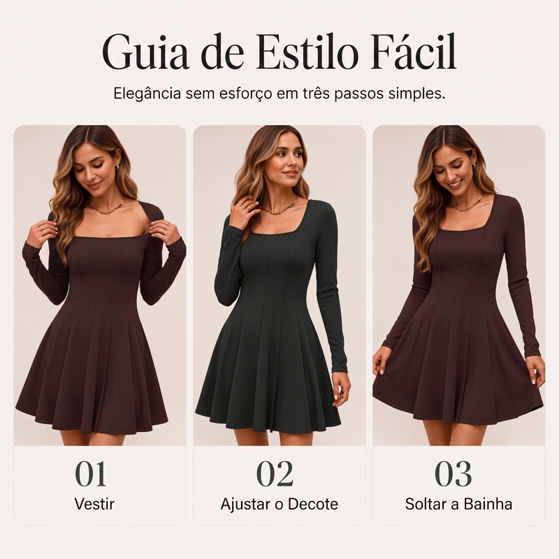 ✨👗Vestido curto de manga comprida com decote quadrado para mulher
