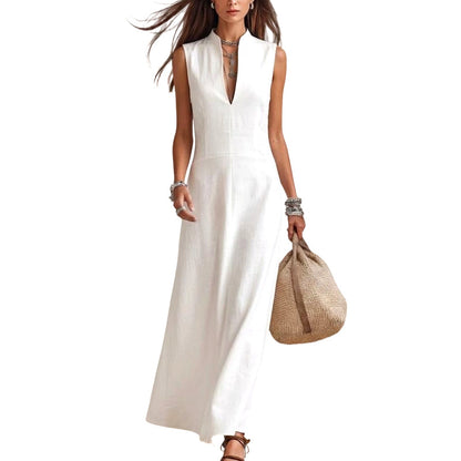 ✨👗Vestido longo feminino sem mangas com decote em V profundo