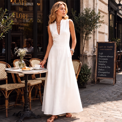 ✨👗Vestido longo feminino sem mangas com decote em V profundo