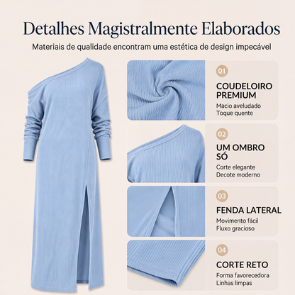 ✨👗Vestido feminino ombro a ombro com fenda lateral