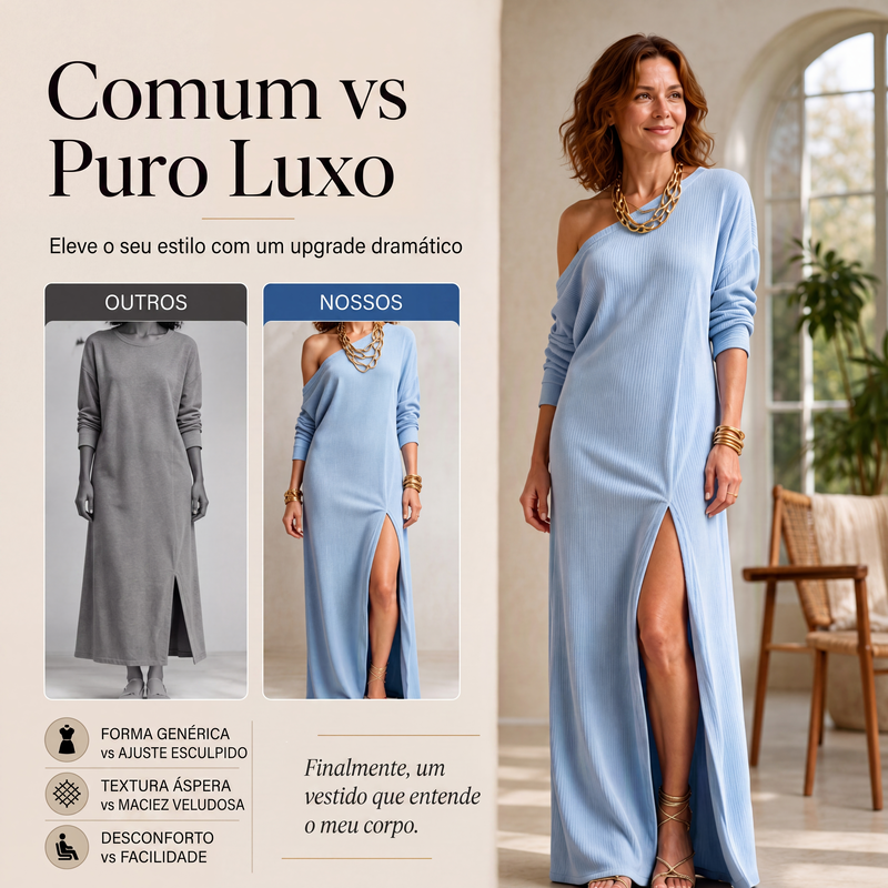 ✨👗Vestido feminino ombro a ombro com fenda lateral