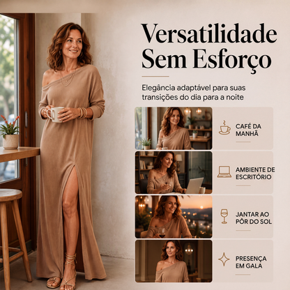 ✨👗Vestido feminino ombro a ombro com fenda lateral