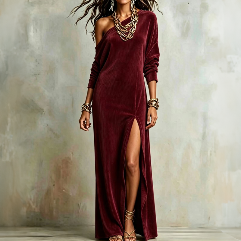 ✨👗Vestido feminino ombro a ombro com fenda lateral