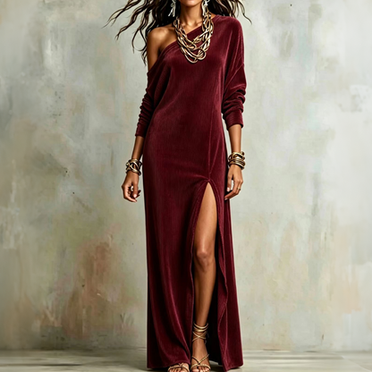 ✨👗Vestido feminino ombro a ombro com fenda lateral