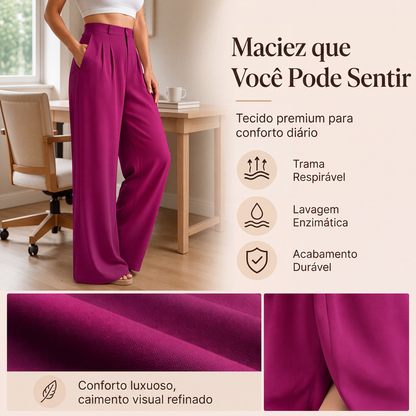 Calças sociais femininas de perna larga e cintura alta