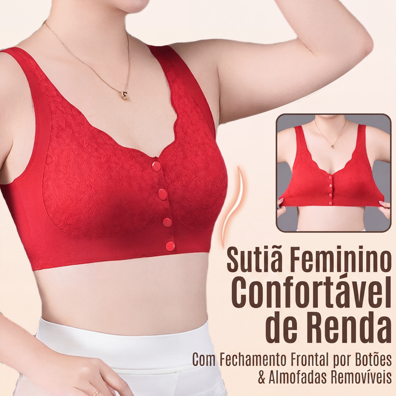 Sutiã de renda confortável para mulheres com fecho frontal e bojos removíveis