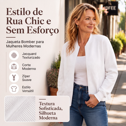 ✨👚Jaqueta feminina texturizada com zíper e gola de beisebol