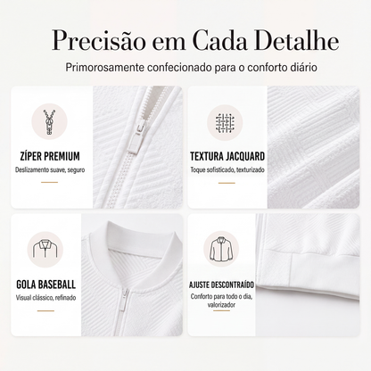 ✨👚Jaqueta feminina texturizada com zíper e gola de beisebol