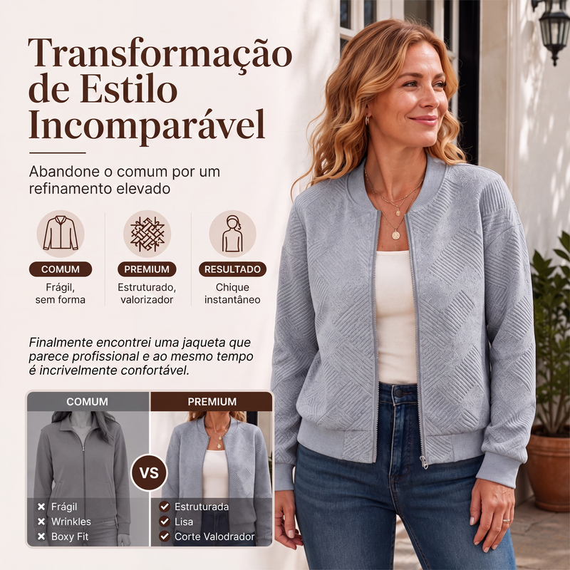 ✨👚Jaqueta feminina texturizada com zíper e gola de beisebol