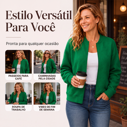✨👚Jaqueta feminina texturizada com zíper e gola de beisebol