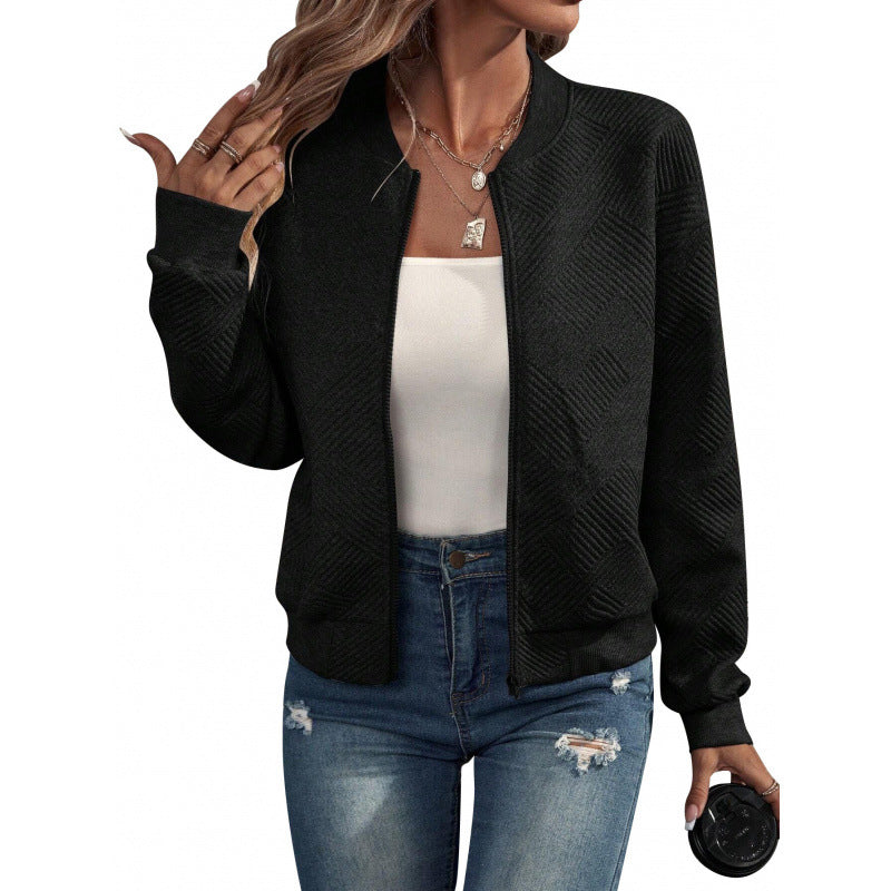 ✨👚Jaqueta feminina texturizada com zíper e gola de beisebol