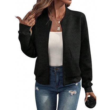 ✨👚Jaqueta feminina texturizada com zíper e gola de beisebol