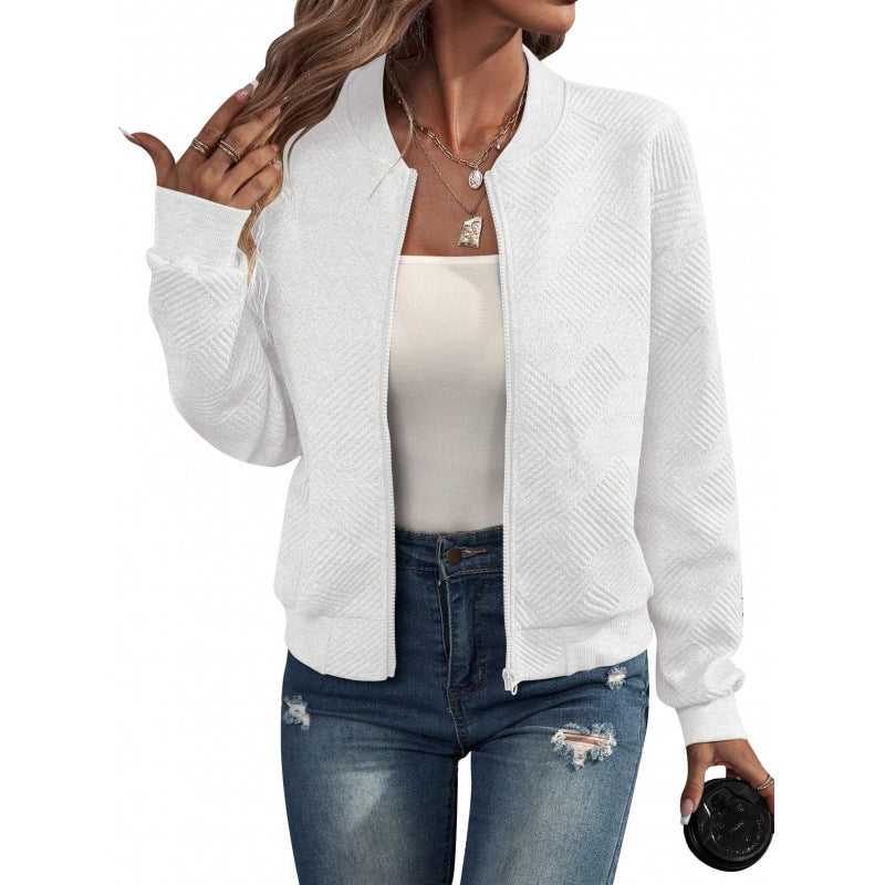 ✨👚Jaqueta feminina texturizada com zíper e gola de beisebol