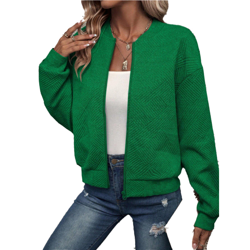 ✨👚Jaqueta feminina texturizada com zíper e gola de beisebol