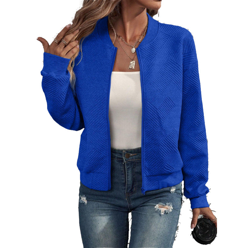 ✨👚Jaqueta feminina texturizada com zíper e gola de beisebol