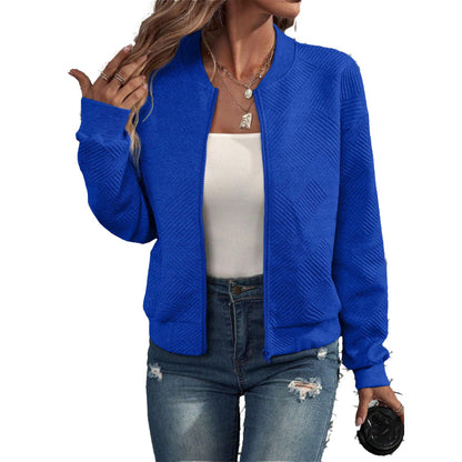 ✨👚Jaqueta feminina texturizada com zíper e gola de beisebol