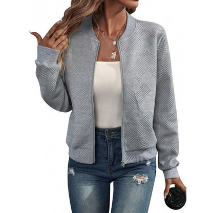 ✨👚Jaqueta feminina texturizada com zíper e gola de beisebol