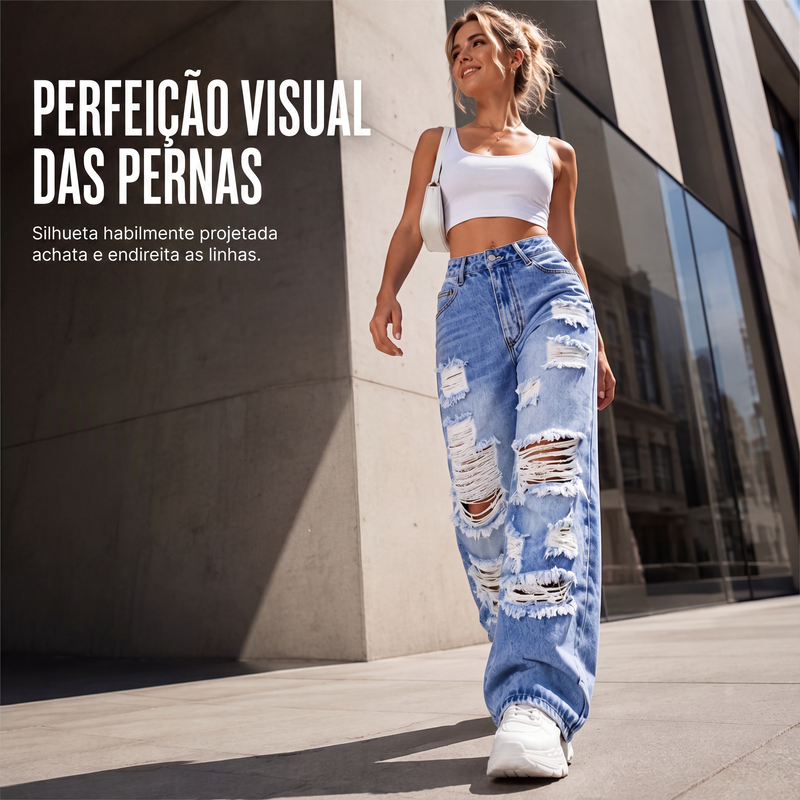 ✨Calças de ganga de perna larga rasgadas para mulher, calças de ganga de cintura alta desgastadas