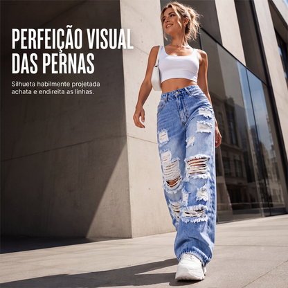 ✨Calças de ganga de perna larga rasgadas para mulher, calças de ganga de cintura alta desgastadas