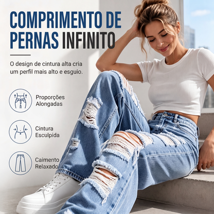 ✨Calças de ganga de perna larga rasgadas para mulher, calças de ganga de cintura alta desgastadas