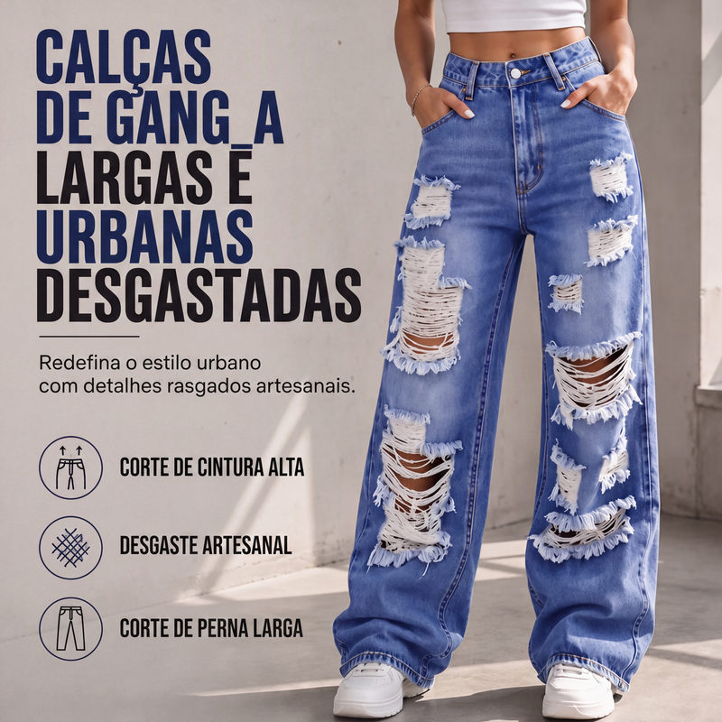 ✨Calças de ganga de perna larga rasgadas para mulher, calças de ganga de cintura alta desgastadas