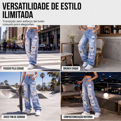 ✨Calças de ganga de perna larga rasgadas para mulher, calças de ganga de cintura alta desgastadas