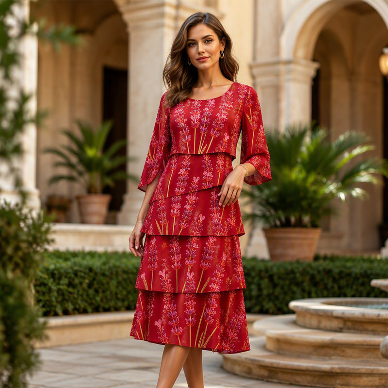 ✨👗Vestido Feminino com Estampa Floral, Babados e Camadas