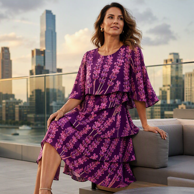 ✨👗Vestido Feminino com Estampa Floral, Babados e Camadas