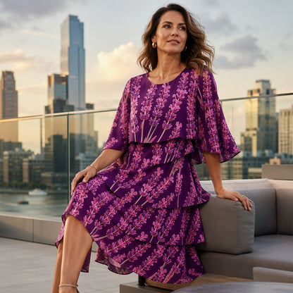 ✨👗Vestido Feminino com Estampa Floral, Babados e Camadas