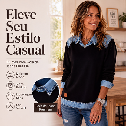 ✨👚Moletom feminino de manga comprida com patchwork de jeans