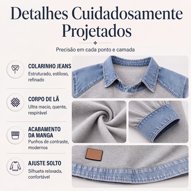 ✨👚Moletom feminino de manga comprida com patchwork de jeans