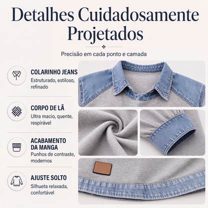 ✨👚Moletom feminino de manga comprida com patchwork de jeans