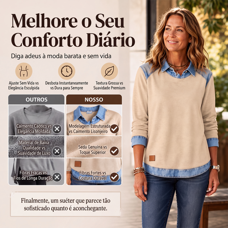 ✨👚Moletom feminino de manga comprida com patchwork de jeans