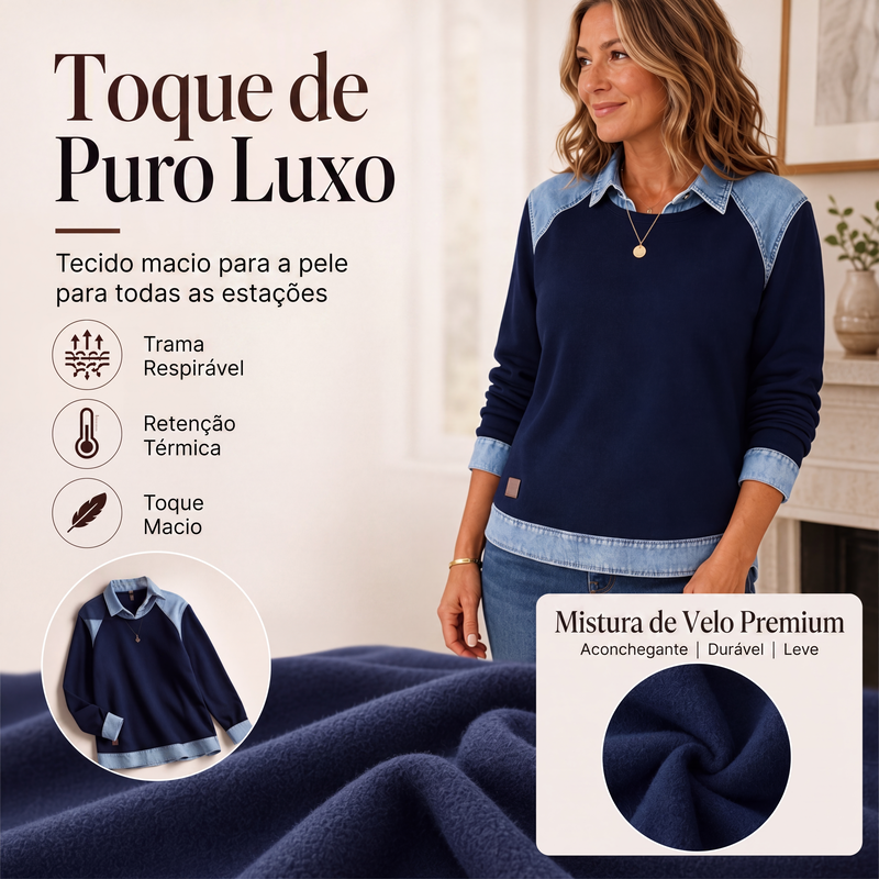 ✨👚Moletom feminino de manga comprida com patchwork de jeans