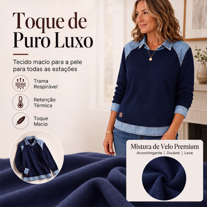 ✨👚Moletom feminino de manga comprida com patchwork de jeans