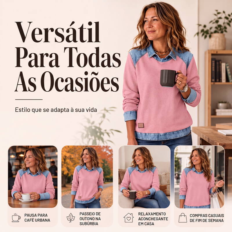 ✨👚Moletom feminino de manga comprida com patchwork de jeans