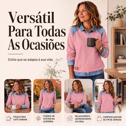 ✨👚Moletom feminino de manga comprida com patchwork de jeans