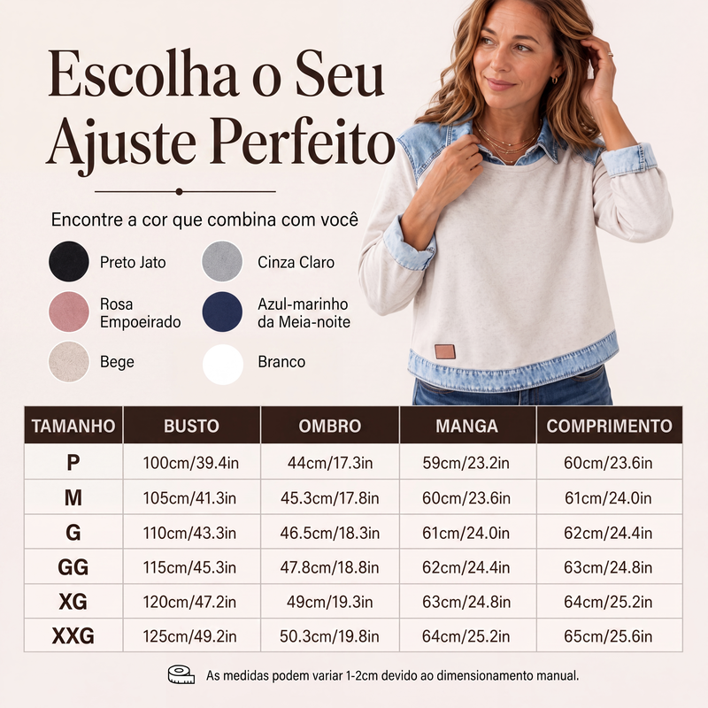 ✨👚Moletom feminino de manga comprida com patchwork de jeans