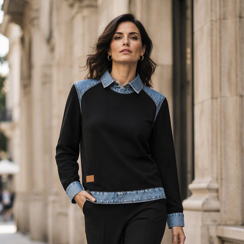 ✨👚Moletom feminino de manga comprida com patchwork de jeans