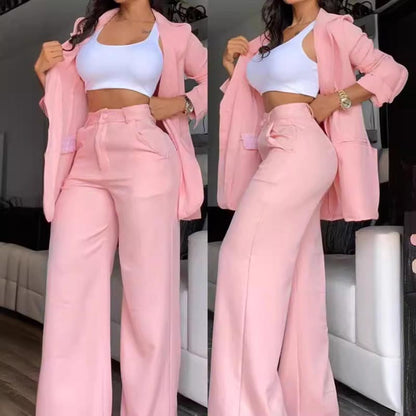 ✨👗Conjunto feminino de blazer com gola entalhada elegante e calças de perna larga
