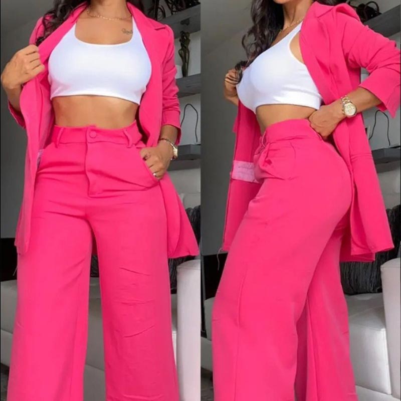 ✨👗Conjunto feminino de blazer com gola entalhada elegante e calças de perna larga