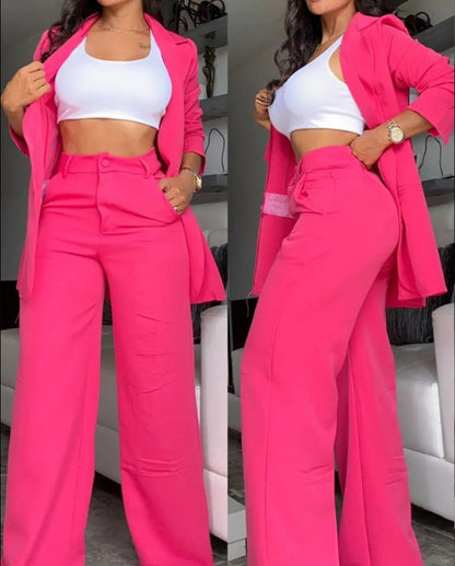 ✨👗Conjunto feminino de blazer com gola entalhada elegante e calças de perna larga