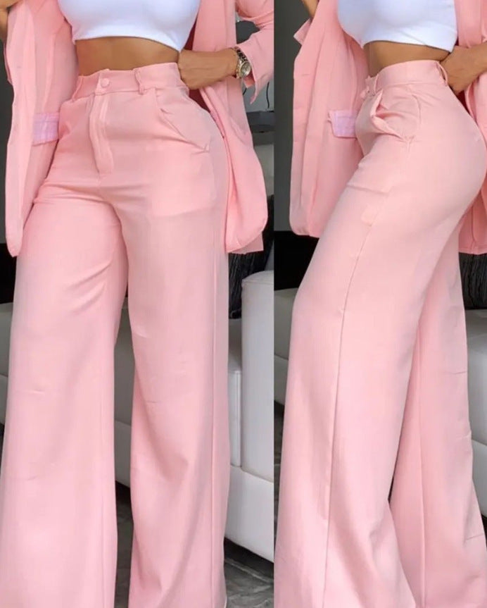 ✨👗Conjunto feminino de blazer com gola entalhada elegante e calças de perna larga