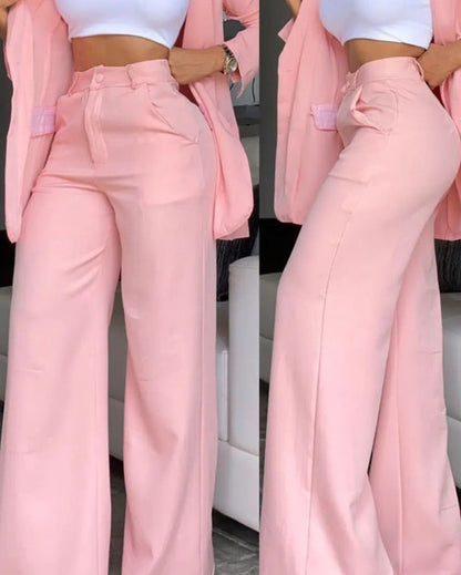 ✨👗Conjunto feminino de blazer com gola entalhada elegante e calças de perna larga